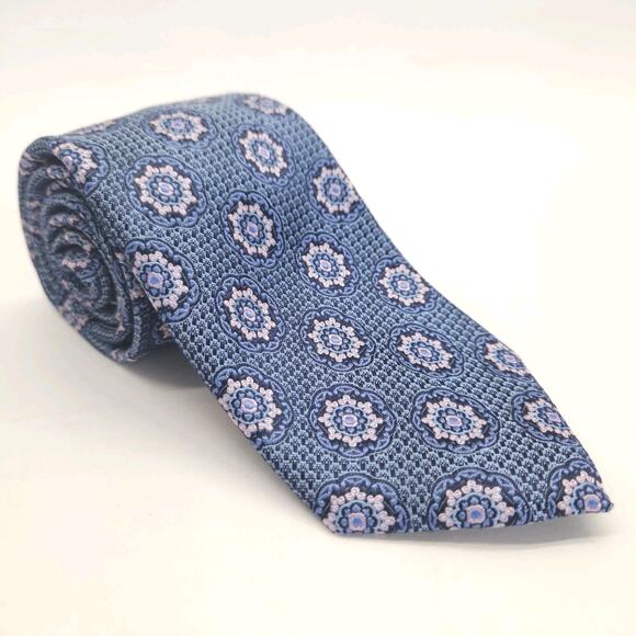 Tasso Elba Silk Tie Classic Blue Multi Medallion Geo Dress Preppy Work 60x3.25 - Picture 1 of 7